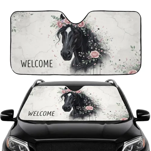 Majestic Black Horse Head White Blaze Blush Pink Lavender Floral Welcome Car Interior Upgrade Car Sunshade