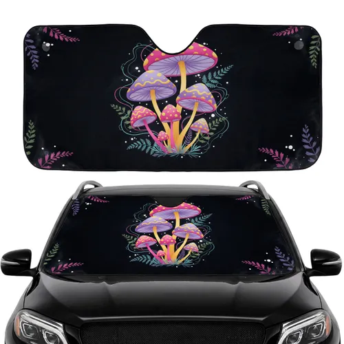Psychedelic Mushroom Cluster Fern Leaves Wavy Lines Road Trip Accessory Car Sunshade