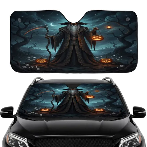 Grim Reaper Witch Scythe Jack-O-Lanterns Eerie Night - Car Interior Upgrade Car Sunshade