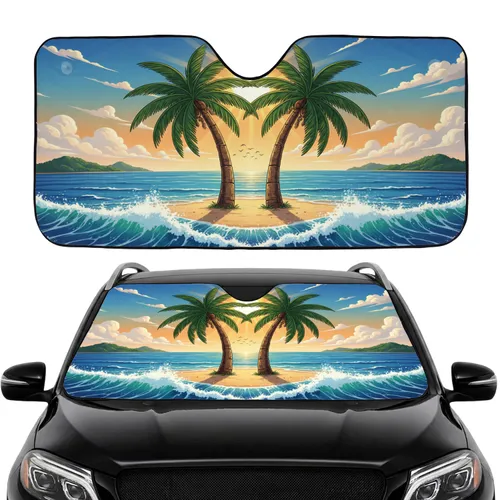 Vibrant Palm Trees Sandy Beach Ocean Waves Sun Distant Islands - Car Interior Upgrade Car Sunshade