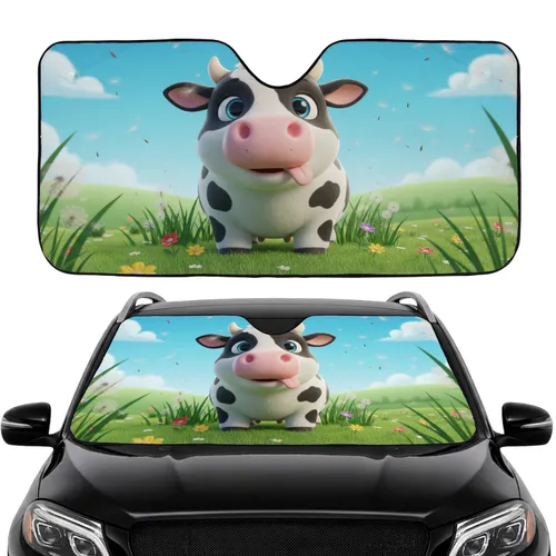 Stylized 3D Cartoon Cow Wildflower Meadow Car Interior Upgrade for Cow Lover Car Sunshade