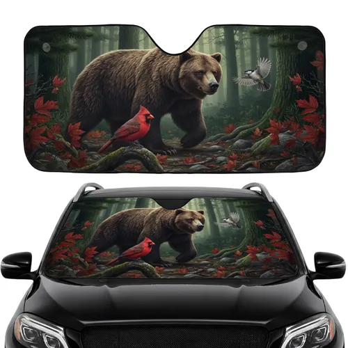 Grizzly Bear Crimson Cardinal Autumn Pine Forest - Travel Essentials Car Sunshade