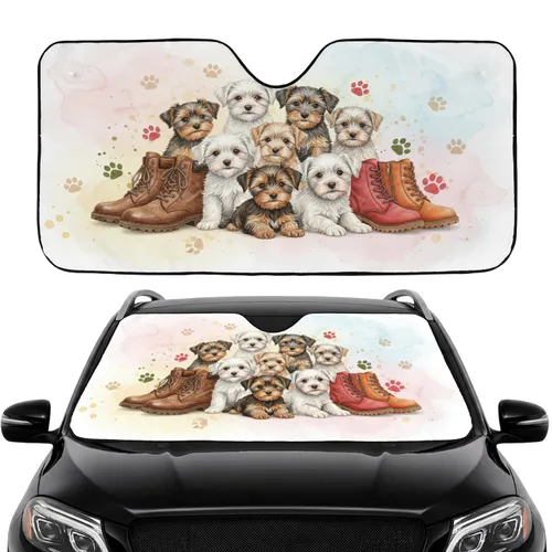 Maltese Yorkie Puppies Leather Boots Paw Prints - Road Trip Essentials Dog Lover Gift Car Sunshade