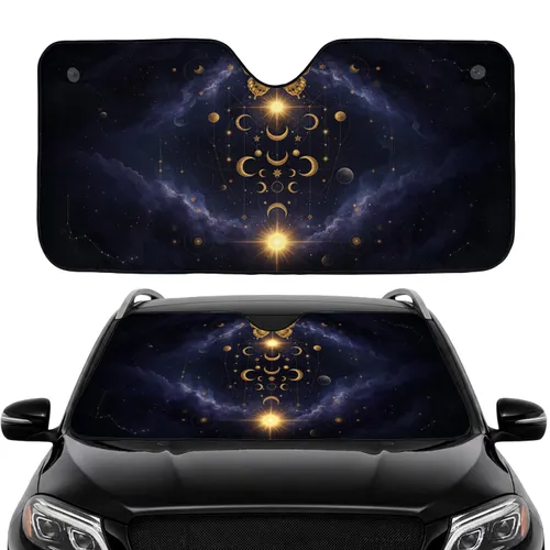 Golden Butterfly Celestial Sunburst Cosmic Moons Stars - Car Interior Road Trip Upgrade Car Sunshade