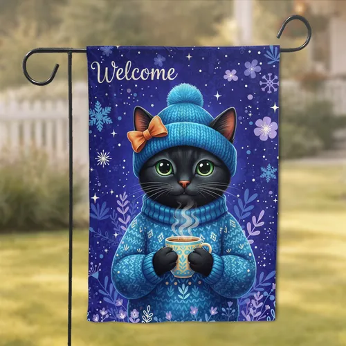 Black Cat Welcome Winter Snowflakes - Home Decor Gift for Cat Lover Garden Flag