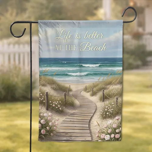 Ocean Boardwalk Dunes Beach Flowers - Coastal Home Decor Beach Lover Gift Garden Flag