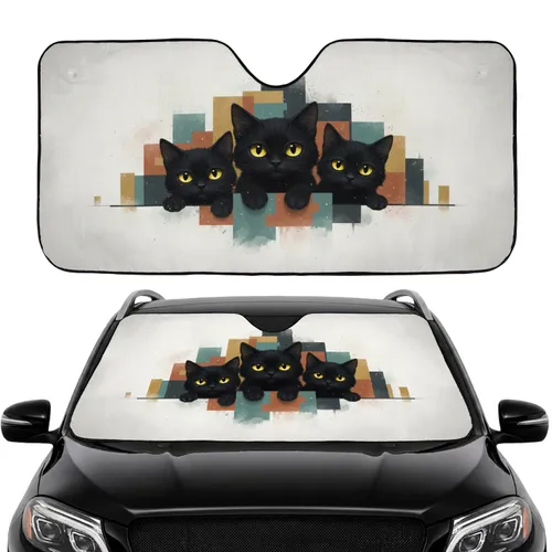 Three Curious Black Cats Peeking Abstract Blocks - Road Trip Travel Accessory Cat Lover Car Sunshade