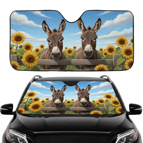 Donkeys Sunflowers Rustic Wooden Fence Pasture - Road Trip Car Accessory Car Sunshade