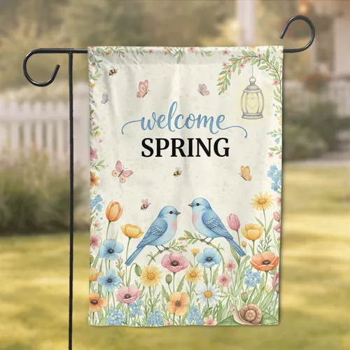 Welcome Spring Birds Wildflowers Butterflies - Spring Garden Decor Garden Flag