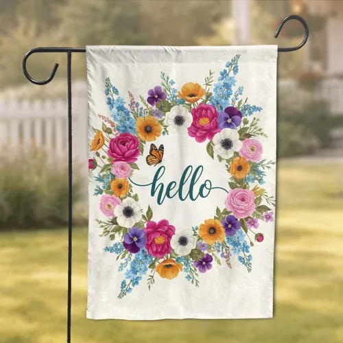 Vibrant Fuchsia Poppy Ranunculus Hello Monarch Butterfly Botanical - Home Decor Gift Garden Flag