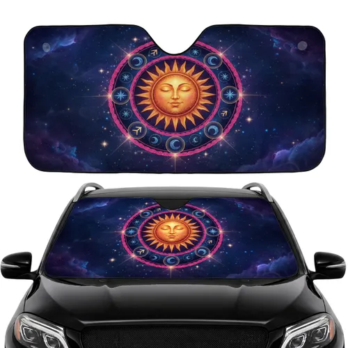 Golden Sun Face Zodiac Celestial Stars Crescent Moons Arrow Nebula Cosmic - Road Trip Travel Essentials Car Sunshade