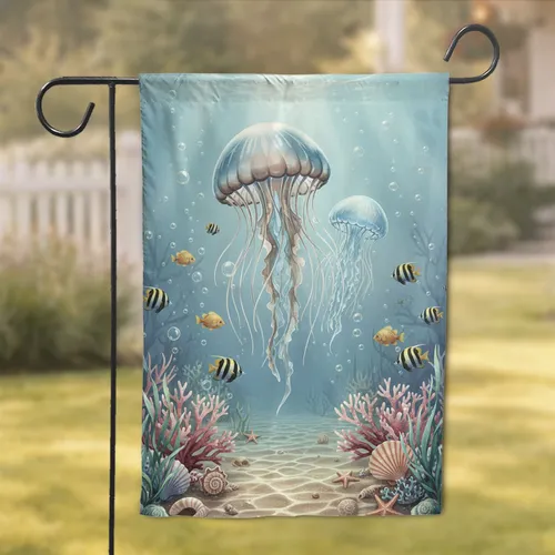 Blue Iridescent Jellyfish Coral Reef Seascape - Ocean Life Home Decor Gift for Marine Lovers Garden Flag