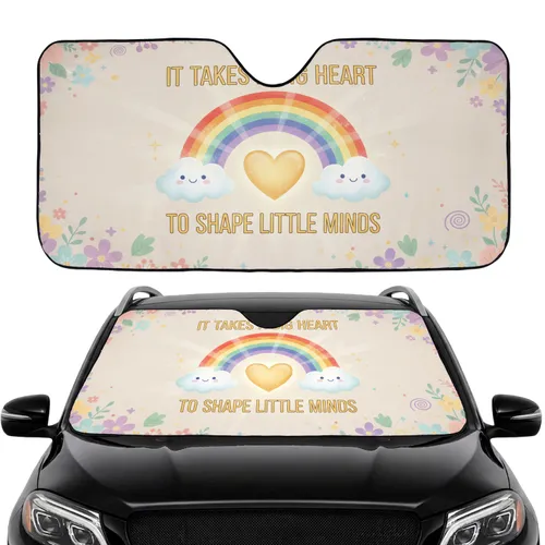 Big Heart Little Minds Rainbow Clouds Flowers - Car Interior Upgrade Gift for Teachers Car Sunshade