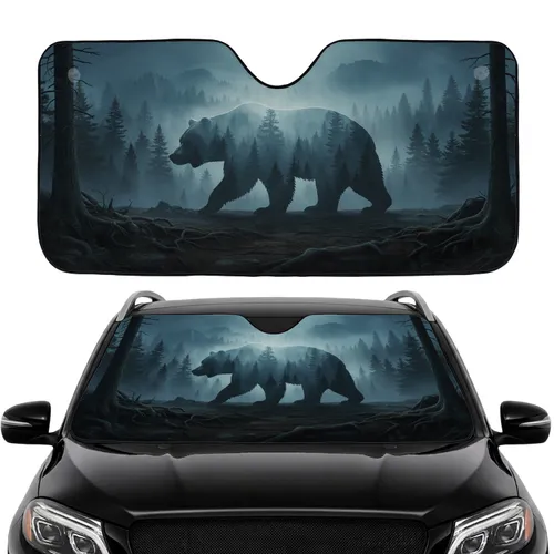 Misty Pine Forest Grizzly Bear Silhouette Car Interior Upgrade Car Sunshade