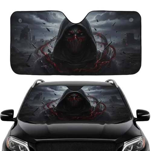 Dark Hooded Masked Figure with Crimson Splatter and Obsidian Shards - Car Interior Upgrade Car Sunshade