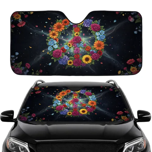 Floral Peace Sign Blooming Flowers Verdant Leaves Cosmic Starlight - Road Trip Gift Car Sunshade