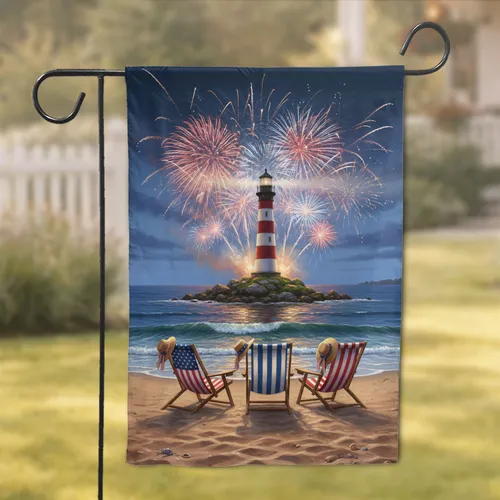 Lighthouse American Flag Beach Chairs Fireworks Independence Day Home Decor Gift Garden Flag