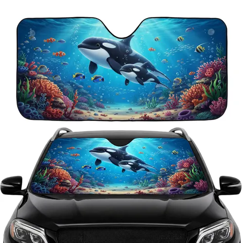 Orca Whale Calf Tropical Coral Reef Ocean Scene - Road Trip Car Interior Upgrade Car Sunshade