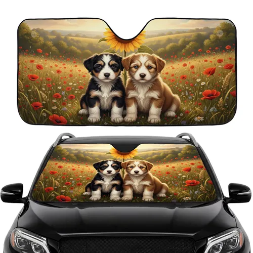 Fluffy Blue Eyed Puppies Sunflower Poppies Golden Meadow Car Interior Upgrade Car Sunshade