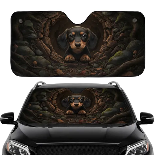 Black Tan Dachshund Puppy Cracked Earth Rugged Edge Den - Road Trip Gift Car Sunshade