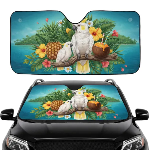 Two White Cockatoos Pineapple Tropical Drink Hibiscus Palm Teal Water Sky - Car Interior Upgrade Car Sunshade
