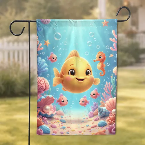 Cheerful Cartoon Fish Seahorse Seashell Coral Starfish - Ocean Lover Home Decor Gift Garden Flag