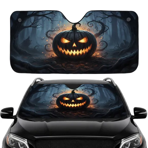 Menacing Jack-o'-lantern Gnarled Trees Bats - Halloween Road Trip Car Sunshade