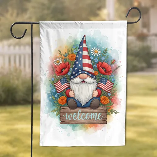 Charming Gnome with American Flag Hat & Welcome Sign Wildflowers - Home Decor Gift Garden Flag