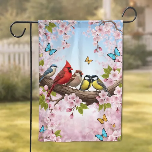 Northern Cardinal Sparrow Great Tits Cherry Blossom Butterfly - Spring Garden Decor Garden Flag