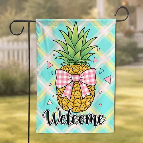 Large Pineapple Black Welcome Gingham Crisscross Plaid Stripes - Home Decor Gift Garden Flag
