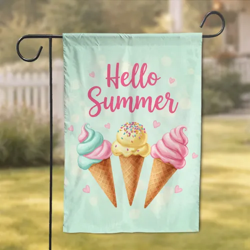 Hello Summer Ice Cream Cones Hearts - Summer Season Home Decor Garden Flag