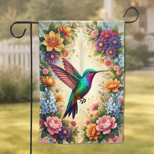 Vibrant Hummingbird Floral Garden - Wildlife Lover Home Decor Gift Garden Flag