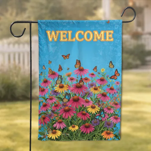 Welcome Coneflower Daisy Monarch Butterfly - Outdoor Home Decor Gift Garden Flag