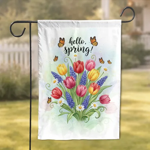 Hello Spring Tulips Hyacinths Daisies Butterflies - Spring Home Decor Gift for Garden Lover Garden Flag