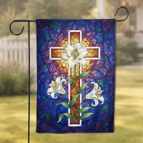 Stained Glass Mosaic Cross Easter Lilies - Sacred Easter Home Decor Gift Garden Flag