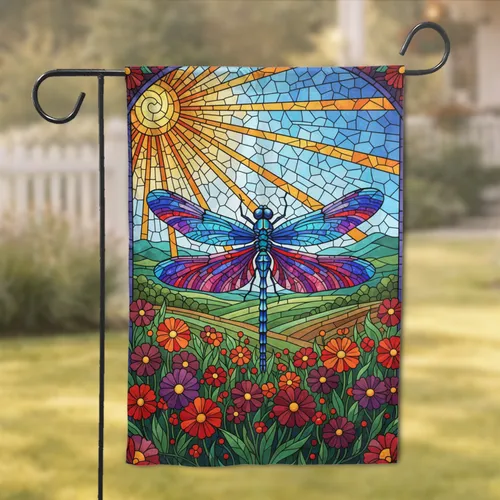 Stained Glass Dragonfly Sun Flowers Landscape - Artistic Mosaic Home Decor Gift Garden Flag