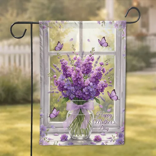 Purple Stock Flowers Glass Vase Lavender Ribbon Butterflies Happy Mother's Day Gift Garden Flag