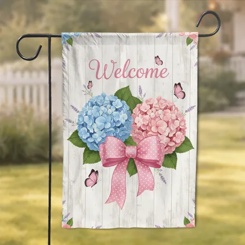 Welcome Sky Blue Pink Hydrangea Butterfly Ribbon - Farmhouse Home Decor Gift Garden Flag