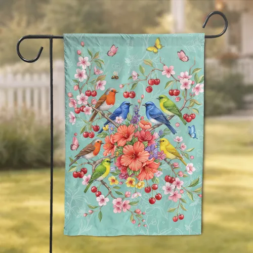 Colorful Birds Cherry Blossoms Hibiscus Butterflies - Garden Home Decor Gift Garden Flag