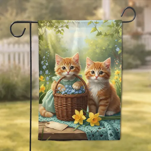 Ginger Tabby Kittens Basket Flowers Spring Garden Home Decor Gift for Cat Lover Garden Flag