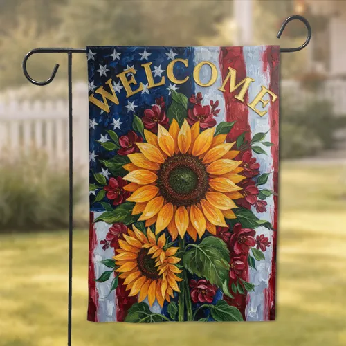 Majestic Sunflower American Flag Welcome - Patriotic Home Decor Garden Flag