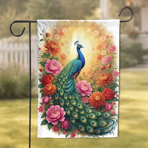 Majestic Peacock Pink Peonies Roses Chrysanthemums Garden Wildlife Lover Gift Garden Flag