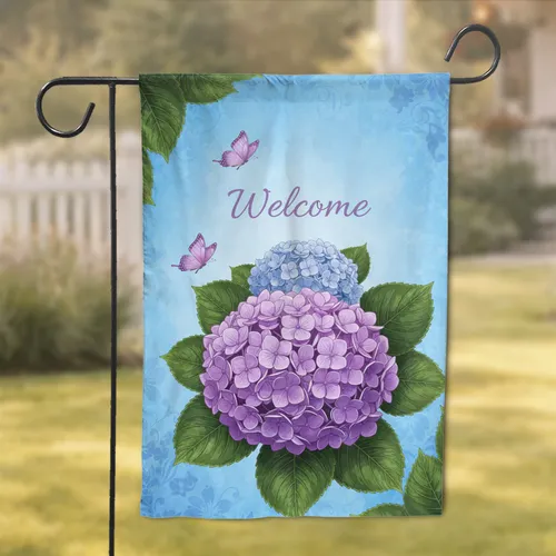 Welcome Text Two Butterflies Hydrangea Garden - Home Decor Gift for Entryway Garden Flag