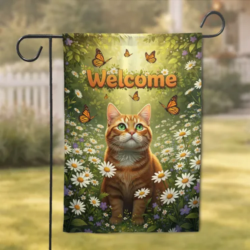 Orange Tabby Cat Wildflower Field Welcome - Home Decor Gift for Cat Lover Garden Flag