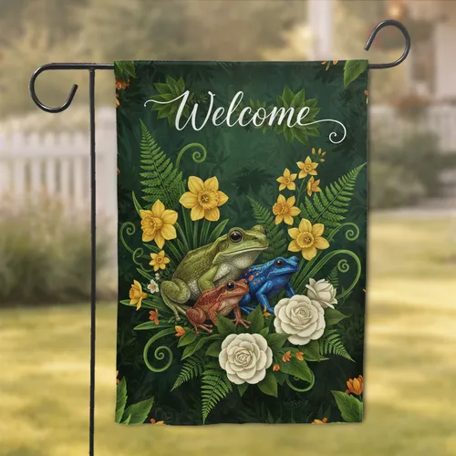 Welcome Three Frogs Golden Daffodils Floral - Everyday Home Decor Gift for Wildlife Lover Garden Flag