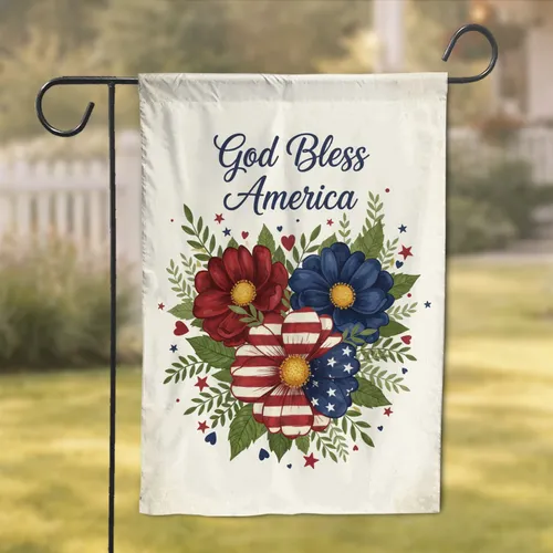 American Flag Flower God Bless America Script - Patriotic Home Decor Gift Garden Flag