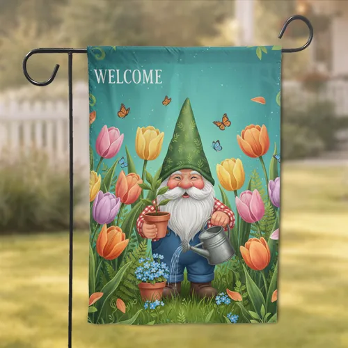 Cheerful Garden Gnome Welcome Sign Tulips - Home Garden Gift for Gnome Lover Garden Flag