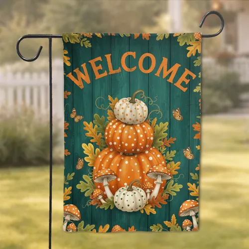 Welcome Sign Polka Dot Pumpkins Toadstools - Fall Harvest Home Decor Garden Flag