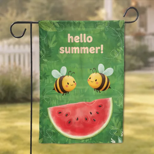 Large Red Half-Watermelon Cartoon Bees 'Hello Summer' - Summer Decor Gift Garden Flag