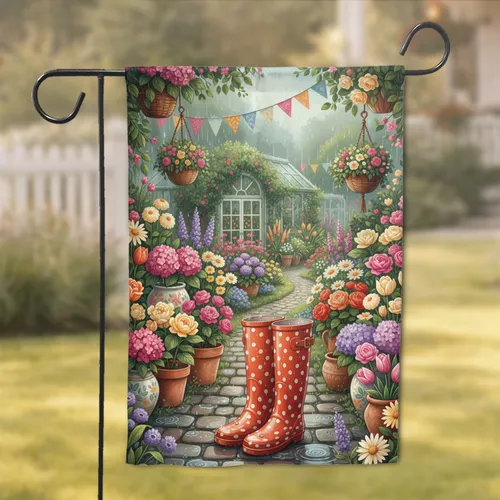 Orange Rain Boots Potted Flowers - Garden Home Decor Gift for Garden Lover Garden Flag